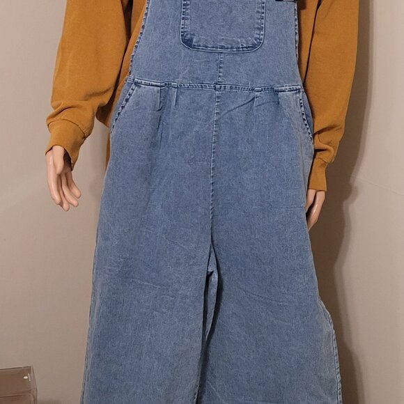 Stylish Wide Leg Medium Blue Denim Overalls/ Jumpsuits (S-2XL) - Picture 6 of 8